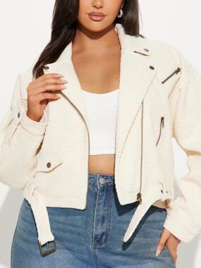Fashion nova Cream Textured Biker Jacket